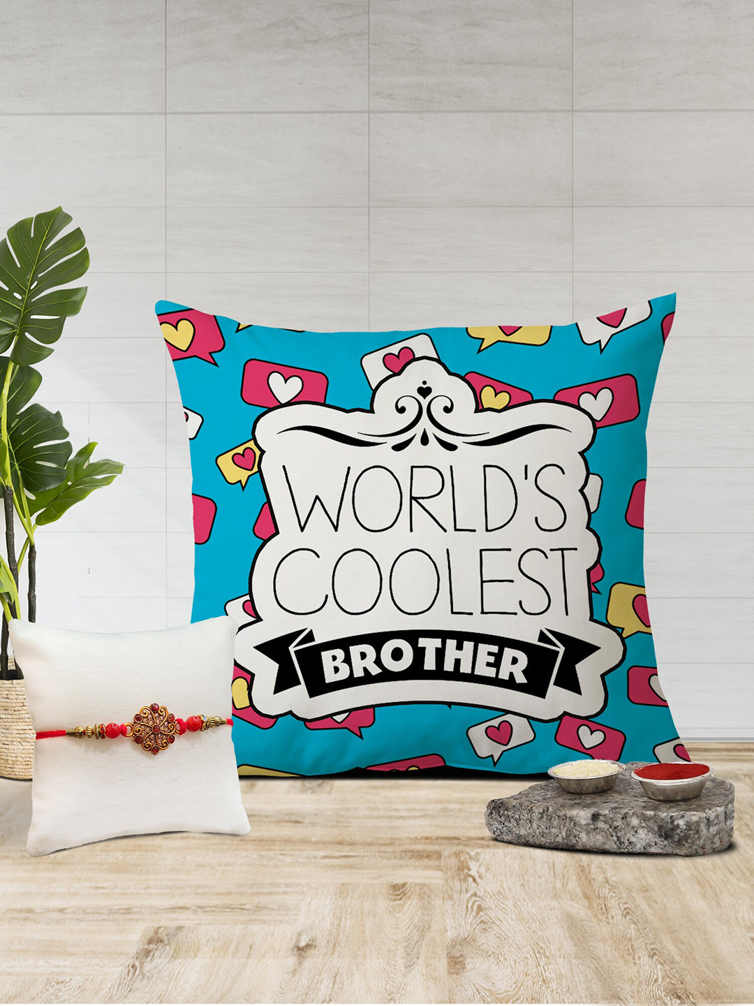 The Purple Tree Worlds Coolest Brother Printed Cushion & Rakhi Gift Set