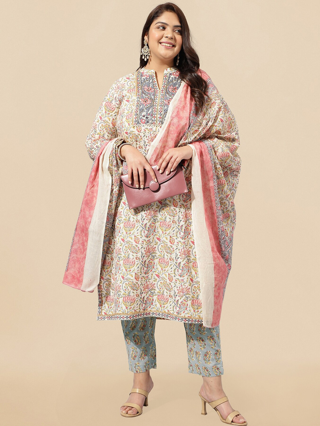 MIRCHI FASHION Cream-Coloured Plus Size Printed Pure Cotton Kurta & Trousers With Dupatta