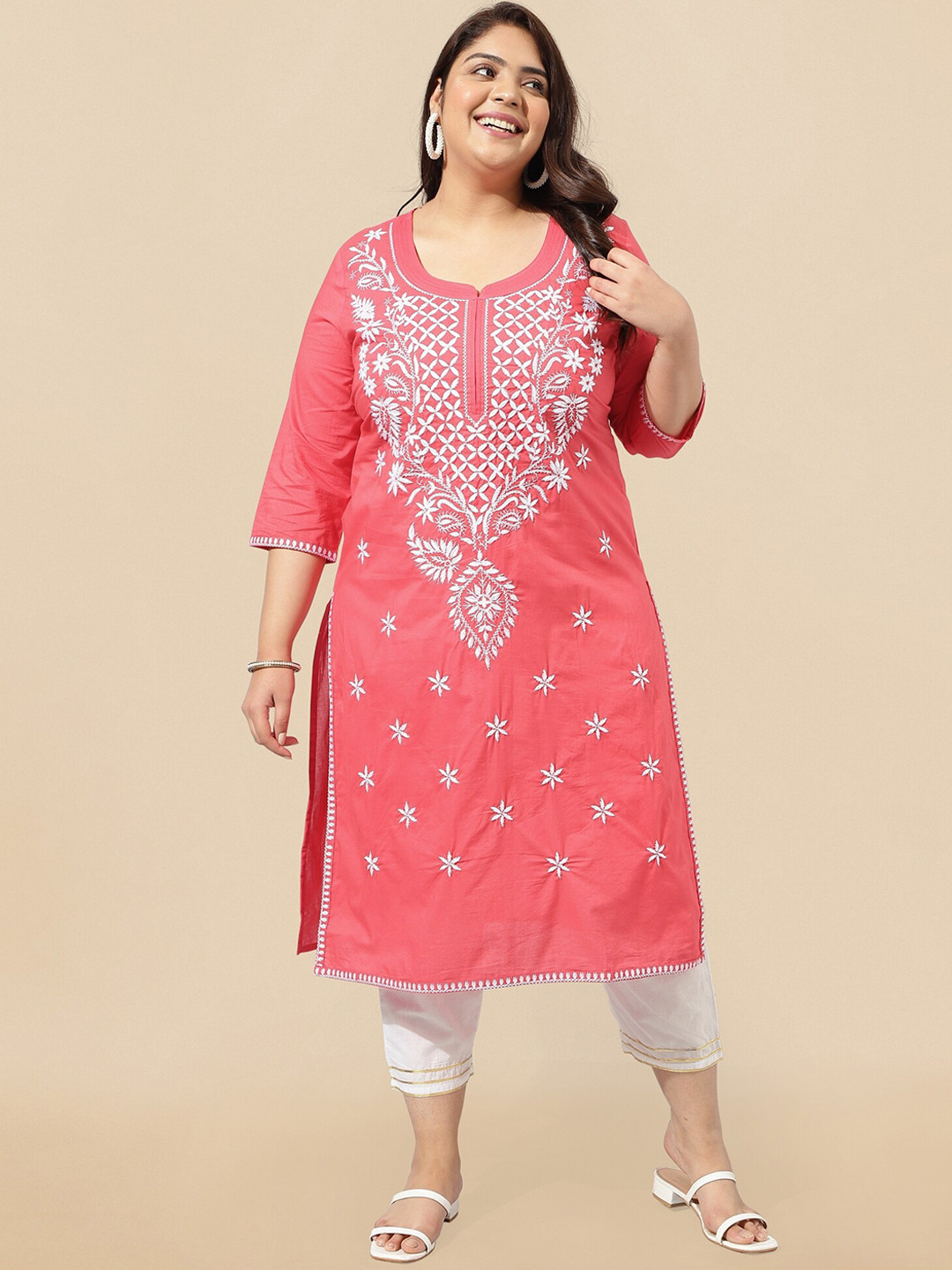 KALINI Coral Plus Size Floral Embroidered Pure Cotton Kurta With Trousers