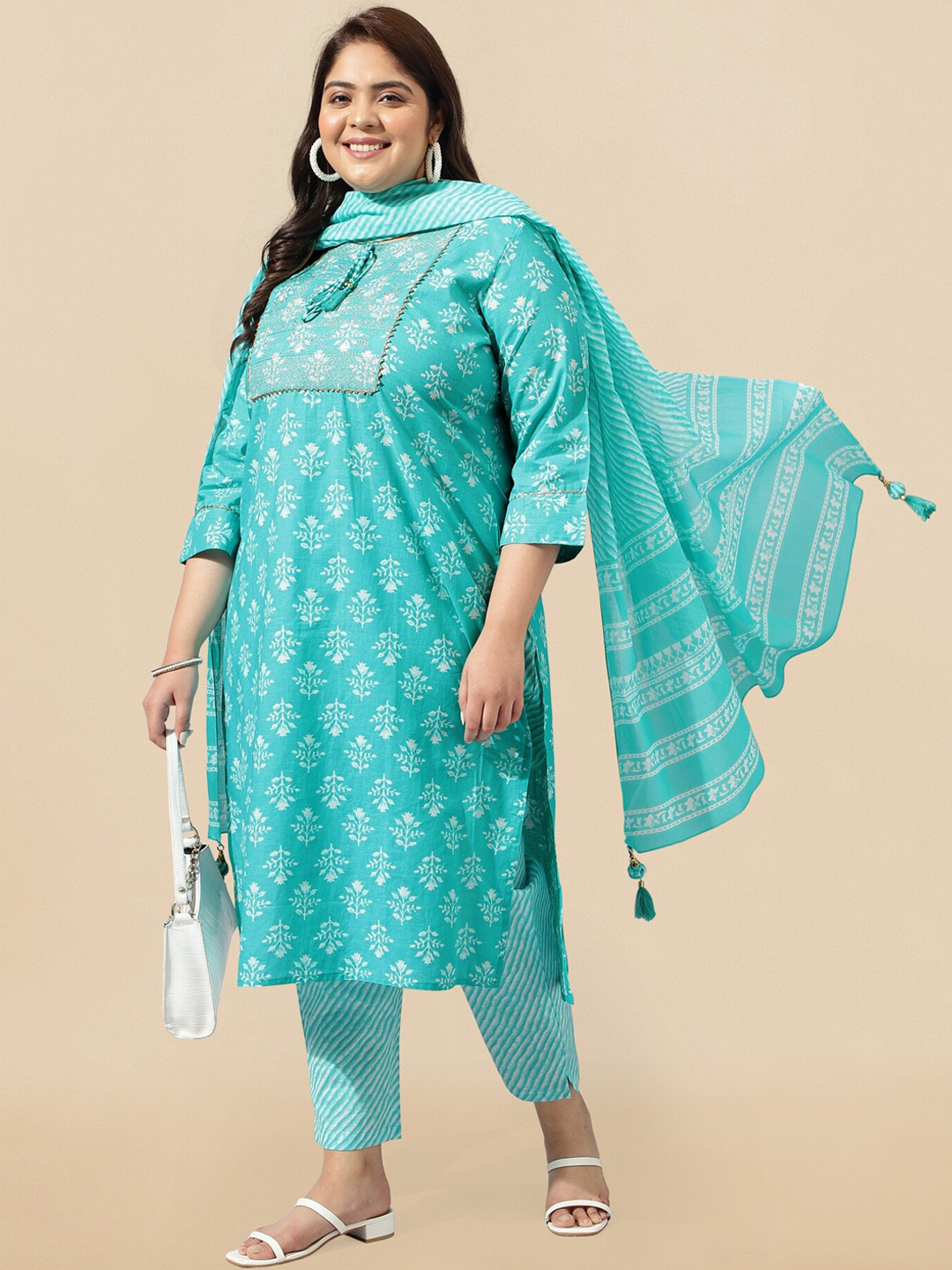 KALINI Turquoise Blue Plus Size Straight Pure Cotton Kurta & Trousers With Dupatta