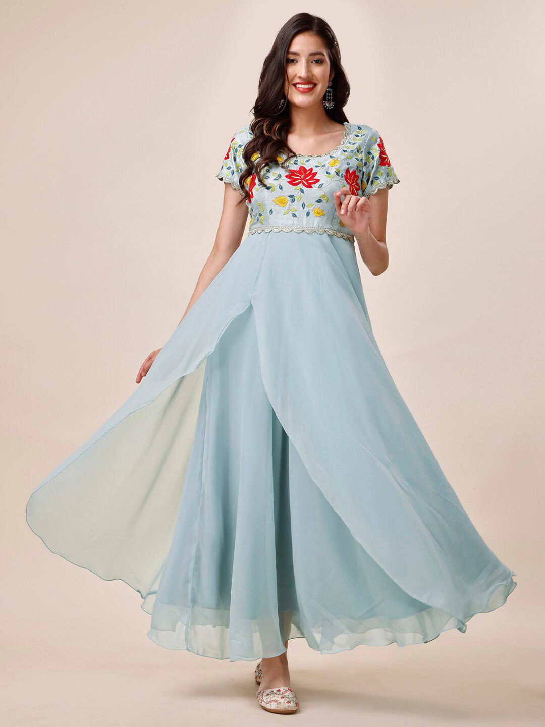 Inddus Floral Embroidered Lace Inserted Georgette A-Line Ethnic Dresses