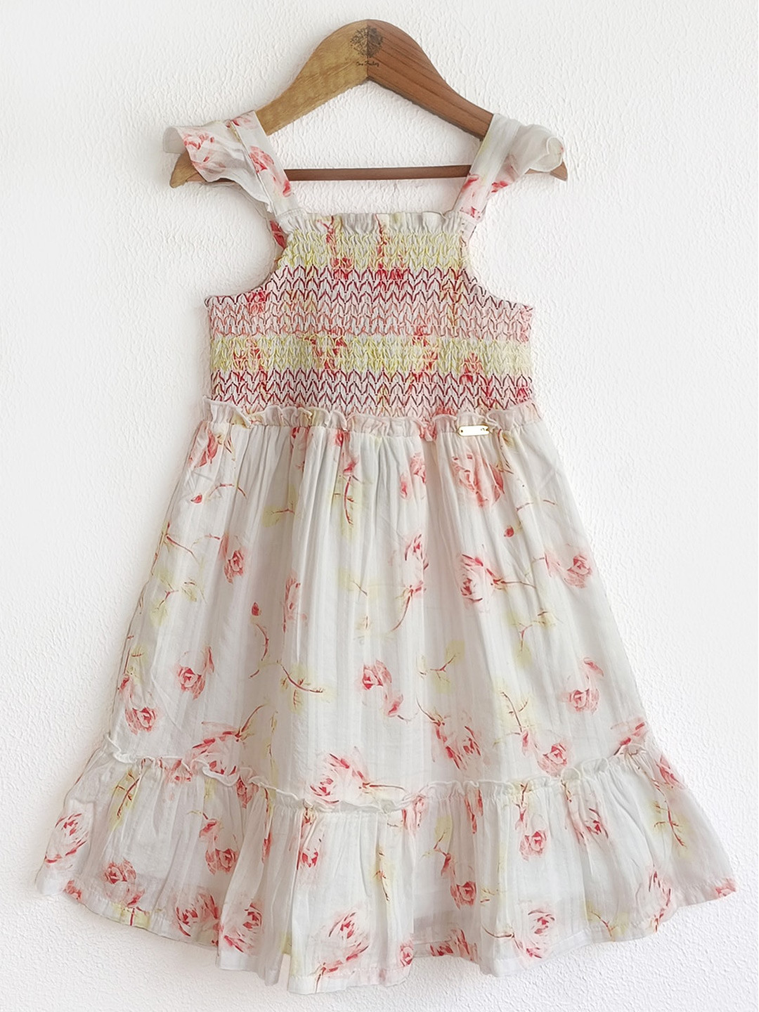 One Friday Girls Floral Printed Cap Sleeves Smocked Cotton A-Line Dress