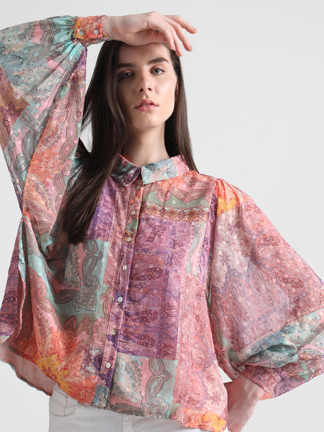 ONLY Onlmilli L/S AOP Semi Sheer Ethnic Motifs Printed Casual Shirt