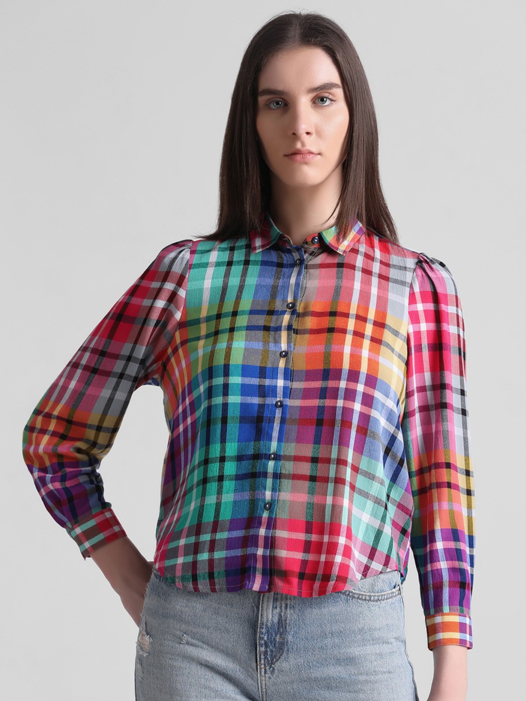ONLY Onlluke Ls Check Tartan Checked Regular Fit Casual Shirt