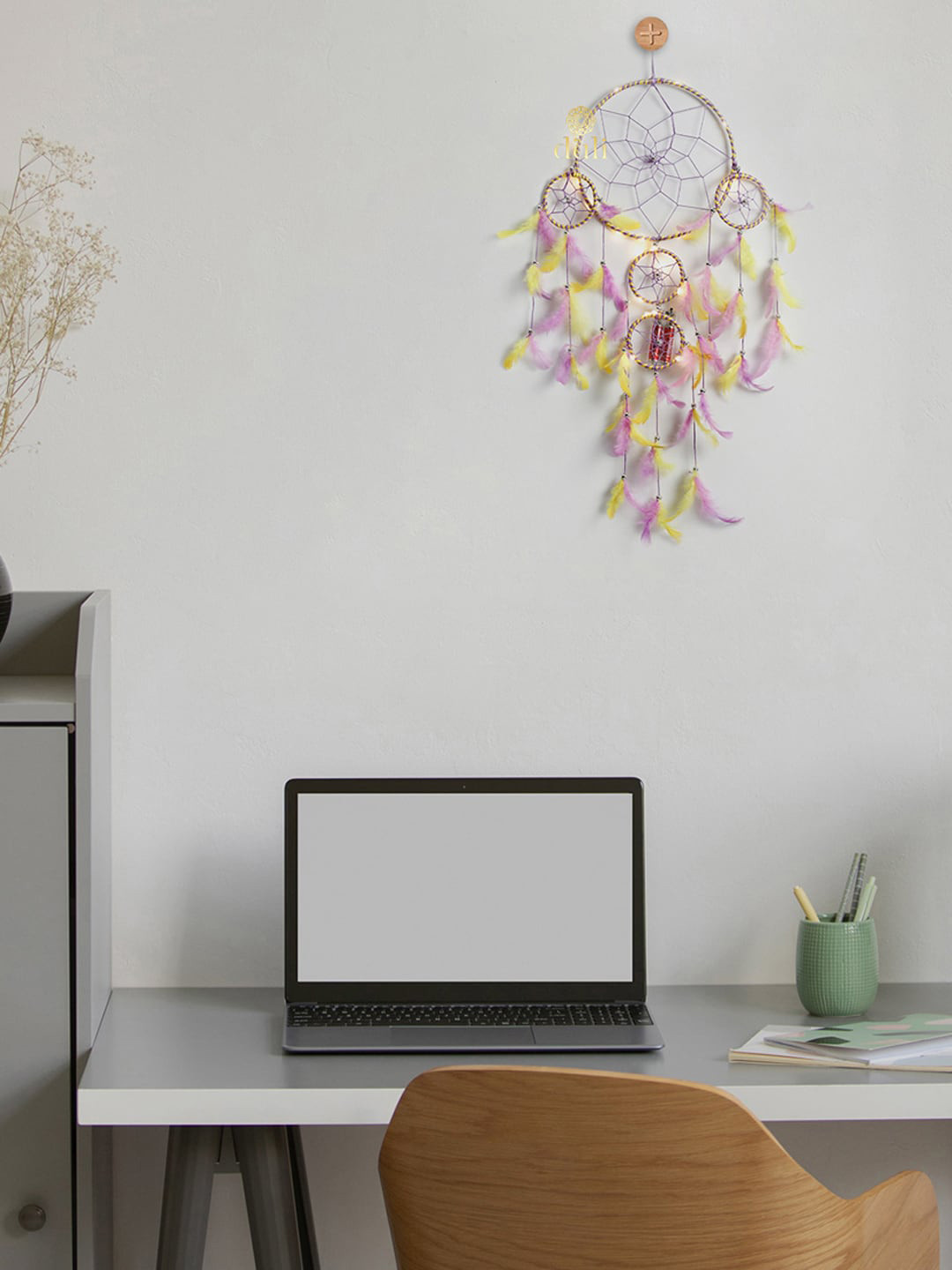 DULI Yellow & Purple Dream Catcher Hanging With Light Windchimes