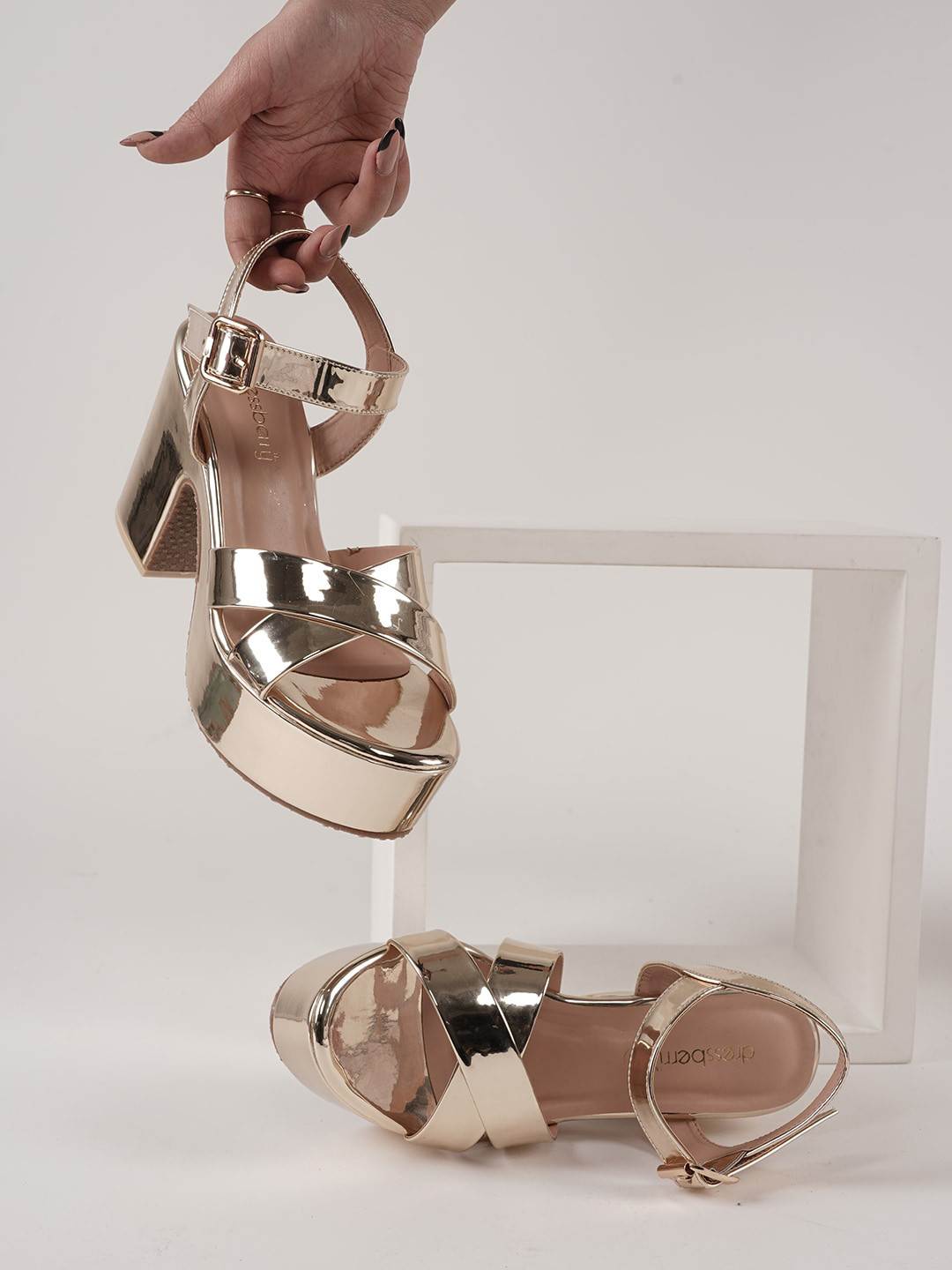 DressBerry Gold-Toned Block Heels With Backstrap