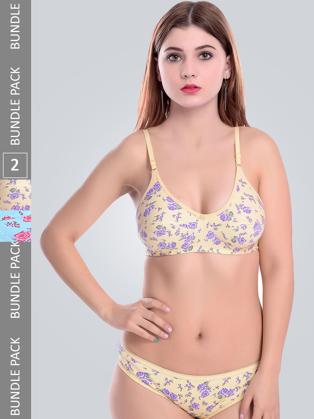 PIBU Pack Of 2 Printed Non-Padded Cotton Lingerie Set F_FIL Set_Blue,Yellow_30