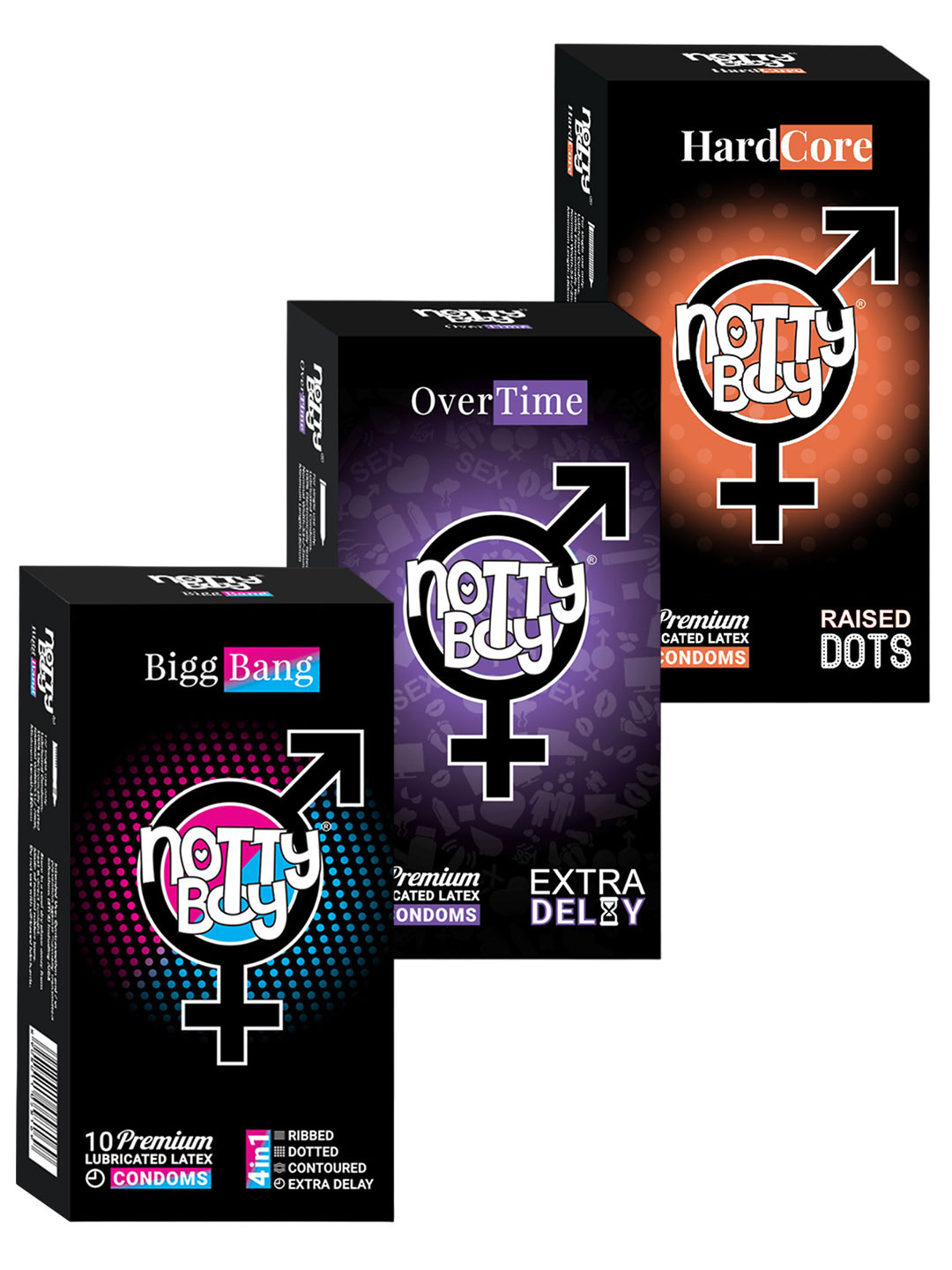 noTTy Set Of 3 4-In-1 Condoms - Ribbed - Dotted - Extra Time