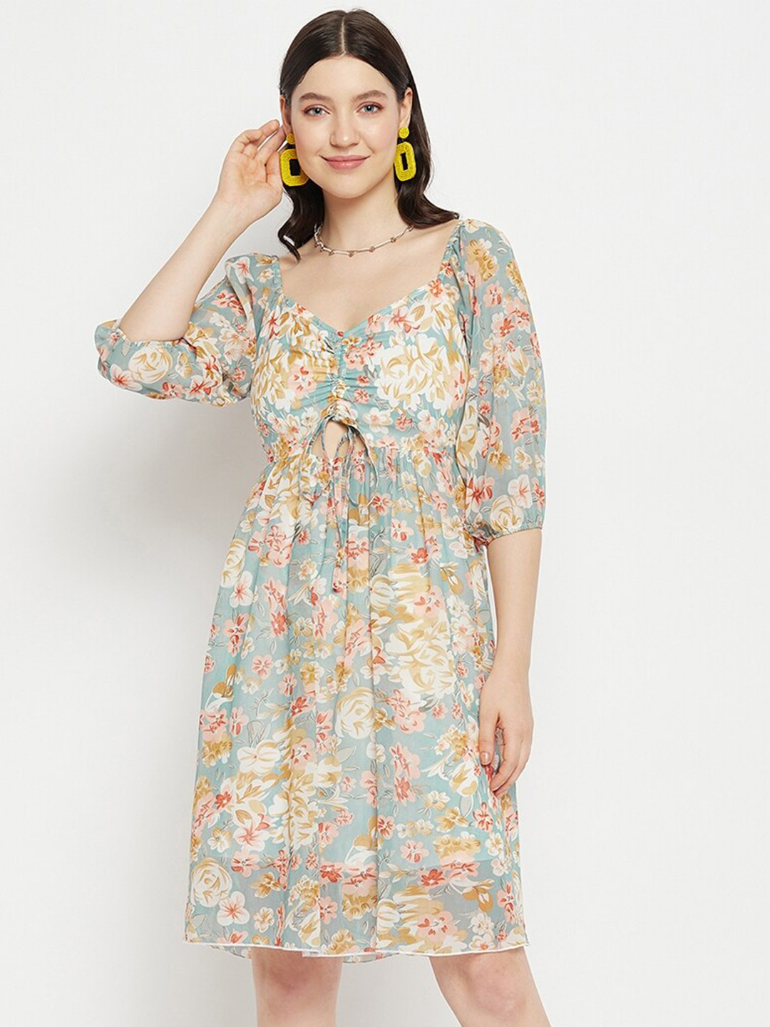 Bitterlime Floral Printed Puff Sleeves Cut-Out Detailed Ruched Fit & Flare Dress