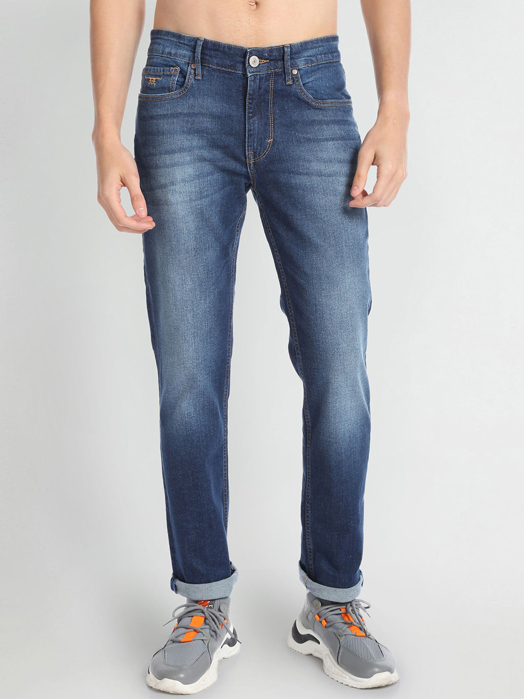 Flying Machine Men Straight Fit Stone Wash Mid-Rise Heavy Fade Stretchable Jeans