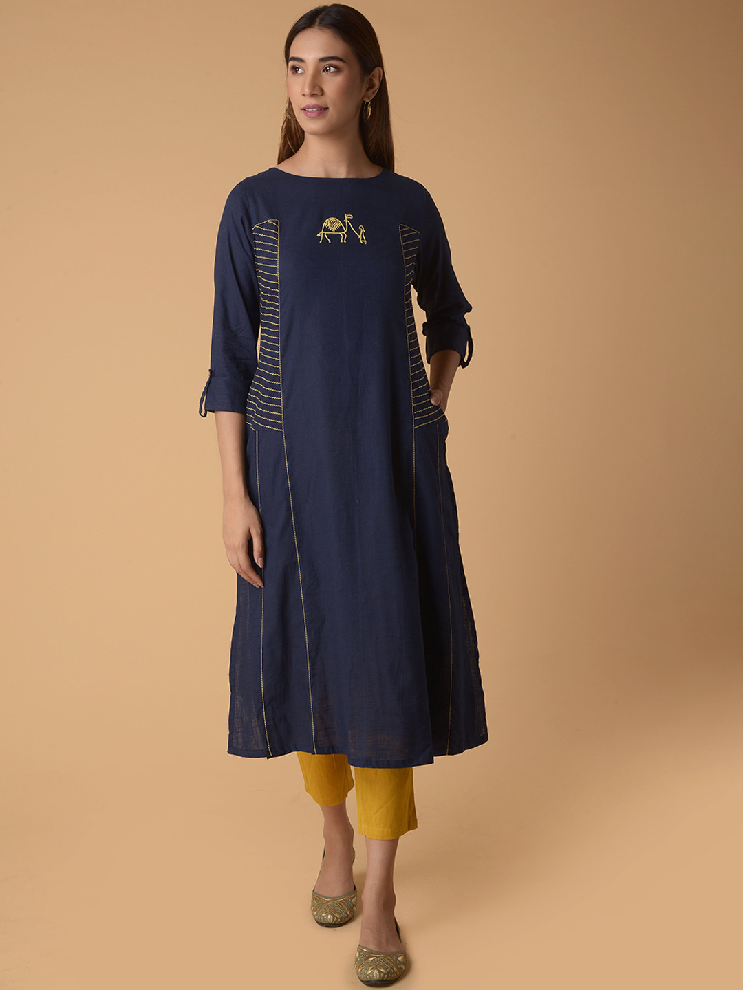 PINKSKY Boat Neck Thread Work Pure Cotton A-Line Kurta