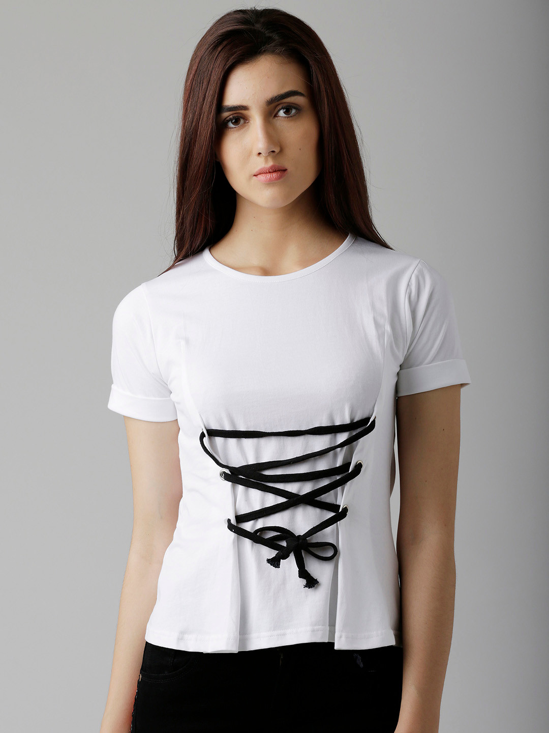 Miss Chase Women White Solid Cinched Waist Pure Cotton Top