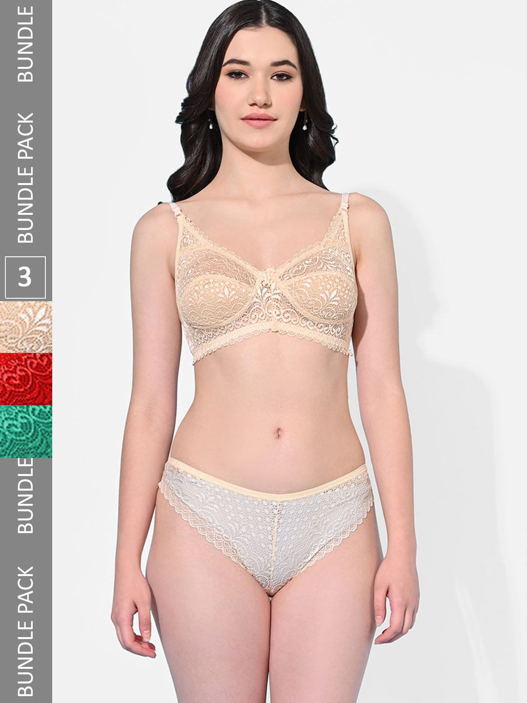 FIMS Pack Of 3 Floral Lace Up Detail Mid-Rise Lingerie Set