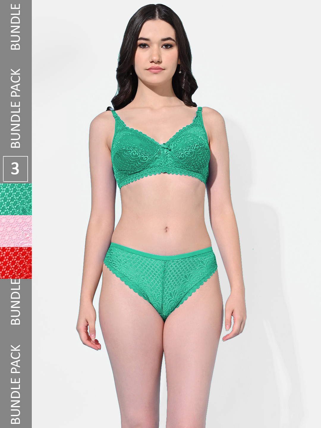 FIMS Pack Of 3 Self-Design Non Padded Bra & Briefs Lingerie Sets