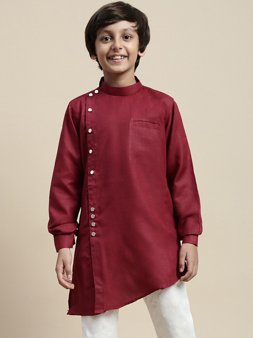 Here&Now X Sanwara Boys Asymmetric Hem Band Collar Cotton Angrakha Kurta