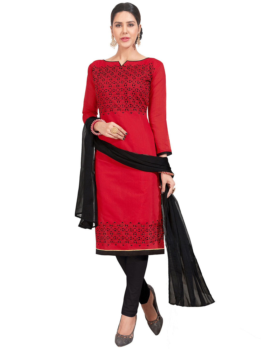 Blissta Red & Black Unstitched Dress Material