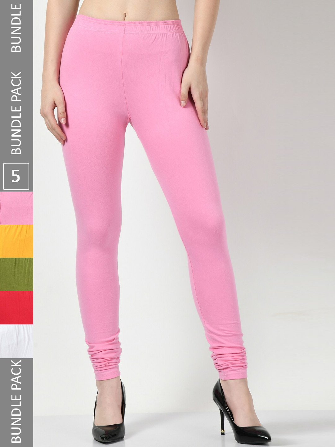 BAESD Pack Of 5 Mid-Rise Churidar-Length Cotton Lycra Leggings