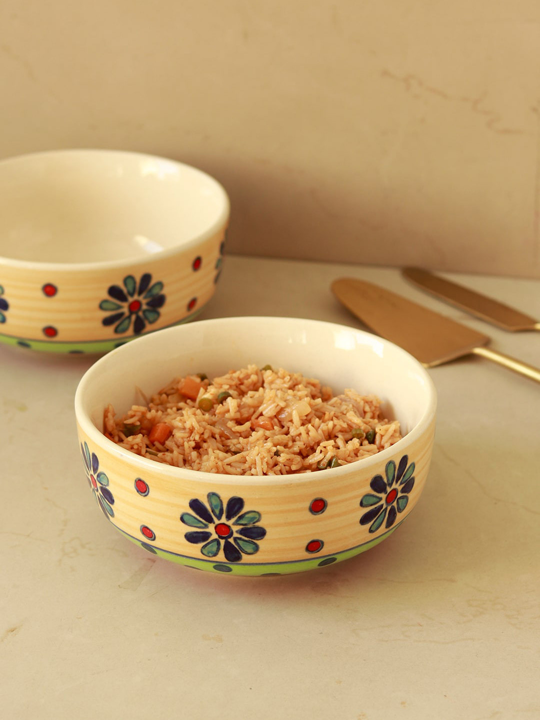 Unravel India Flower Petals White & Yellow 2 Pieces Printed Ceramic Serving Bowls