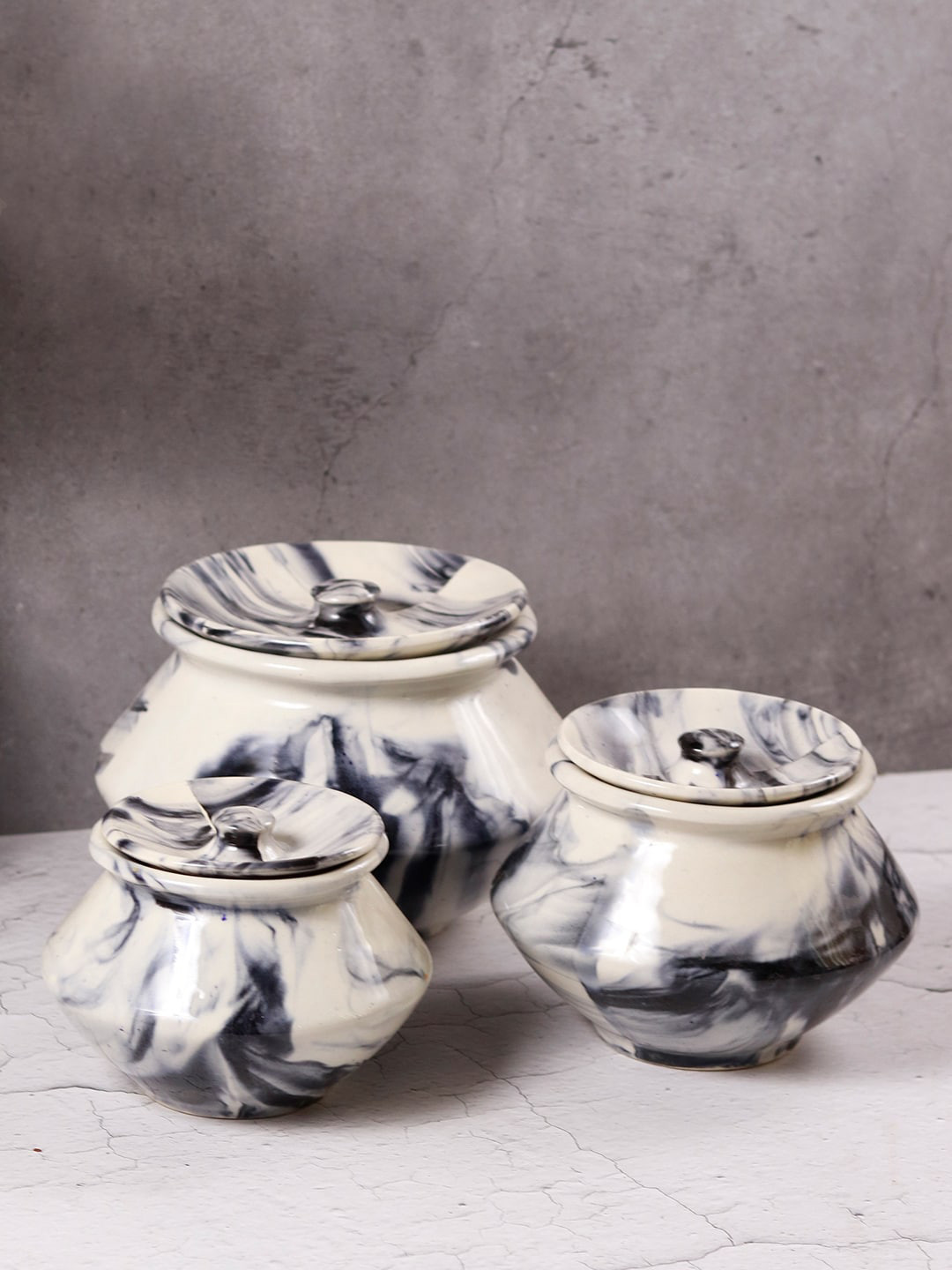 Unravel India Vintage Chronical of Italy White 3 Pieces Printed Ceramic Serving Handi