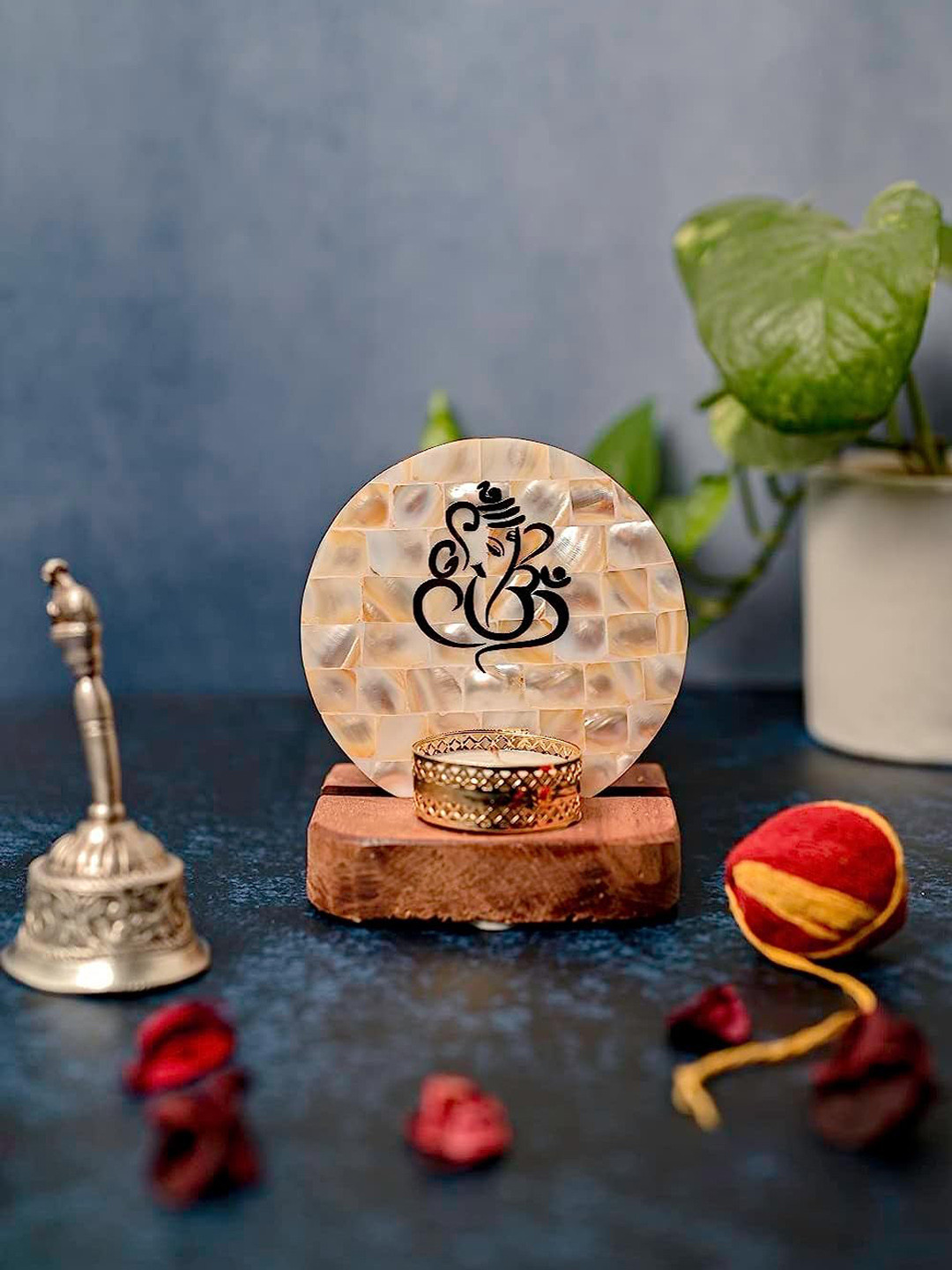 HOMEARTE Cream-Coloured & Brown Tea Light Candle Holder with Wooden Stand and Ganesha