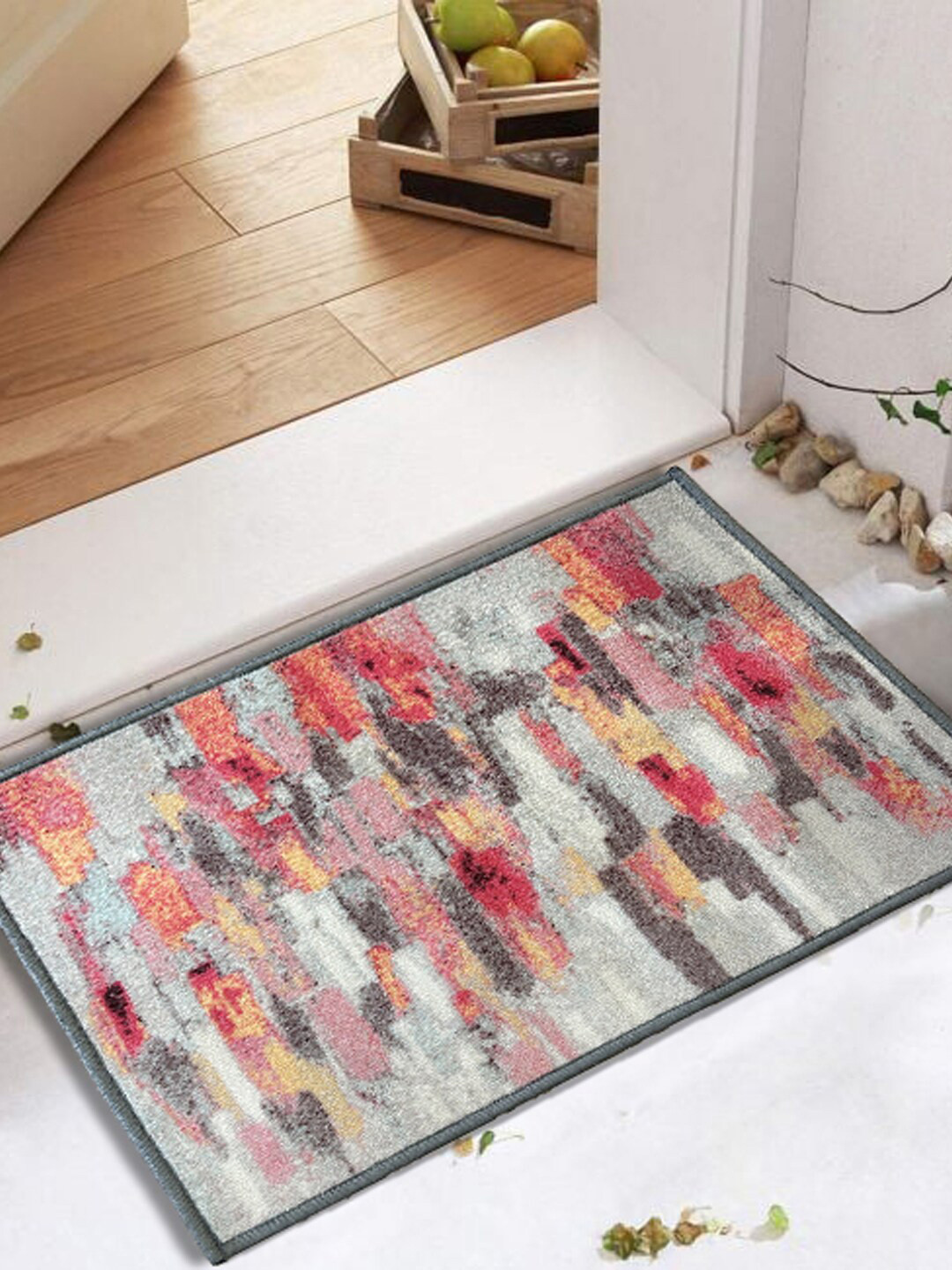 URBAN SPACE Grey & Red Printed Nylon Anti-Skid Carpets
