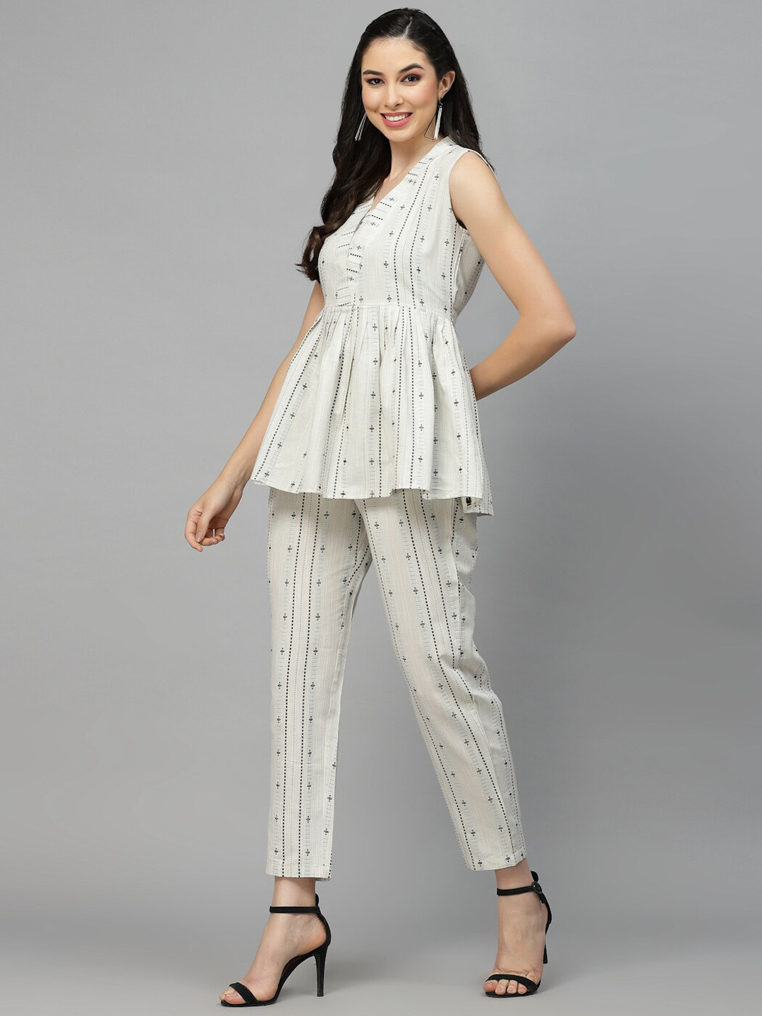 Stylum Off White Self Designed V-Neck Top & Trousers Co-Ord Set