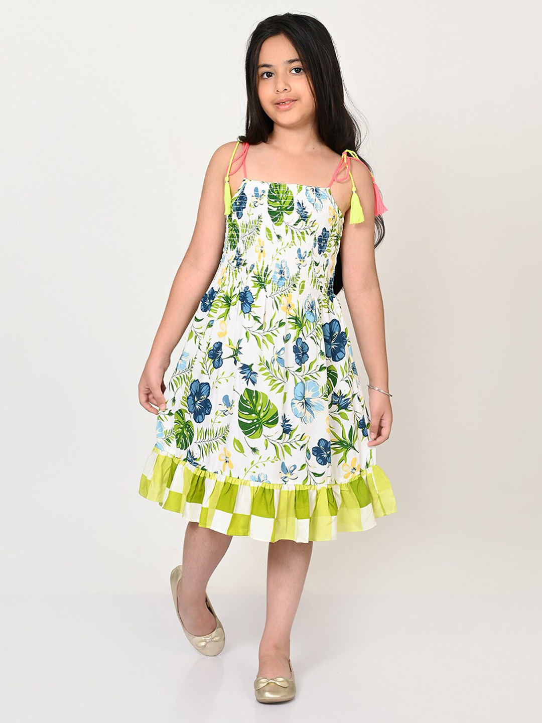 LIL DRAMA Girls Tropical Printed Smocked Fit & Flare Midi Dress