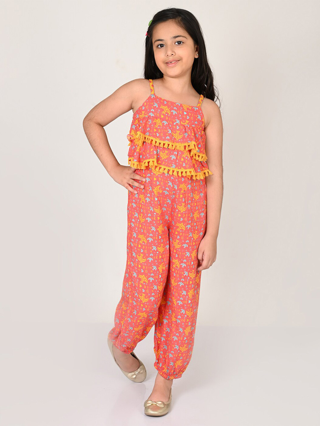 LIL DRAMA Girls Printed Layered Smocked Tasselled Basic Jumpsuit