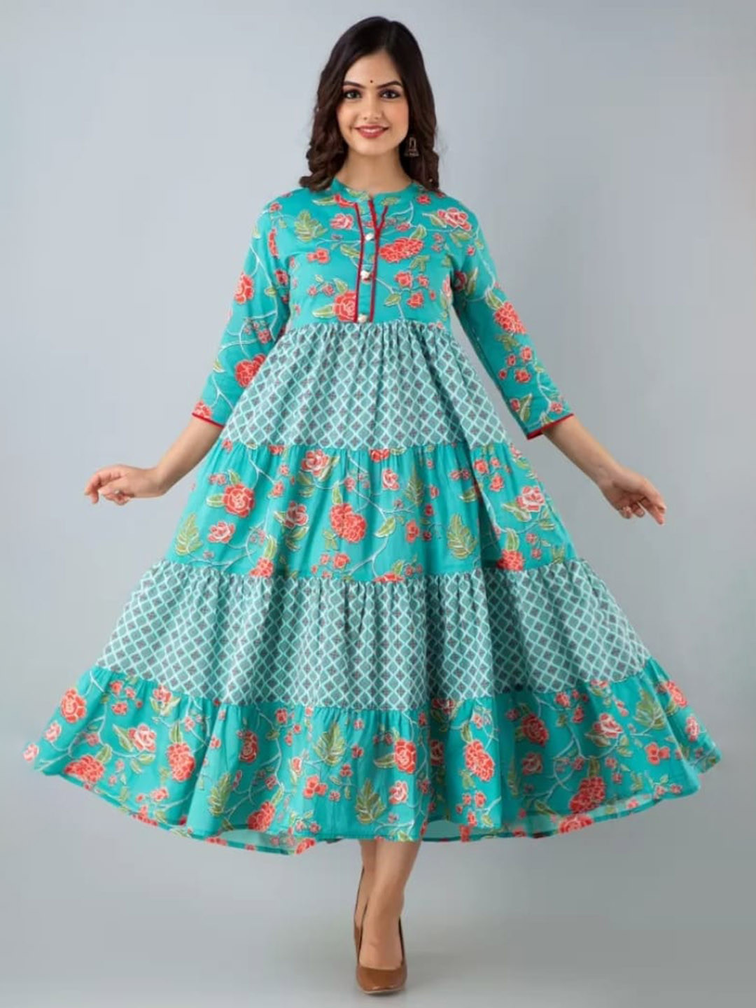 SBR BABA KURTI Floral Printed Tiered Anarkali Kurta