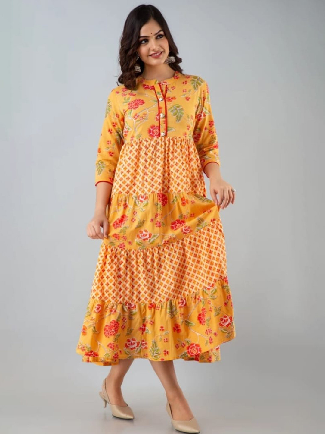 SBR BABA KURTI Floral Printed Mandarin Collar Fit & Flare Dress