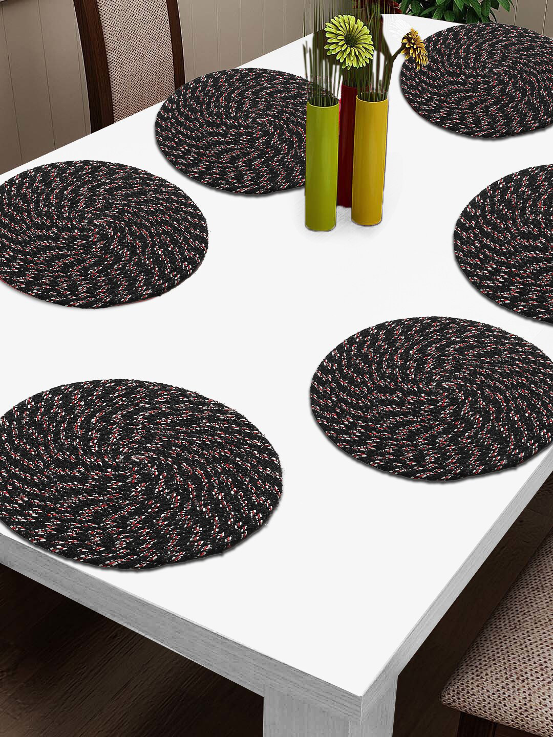 FABINALIV Black 6 Pieces Abstract Braided Cotton Table Placemats
