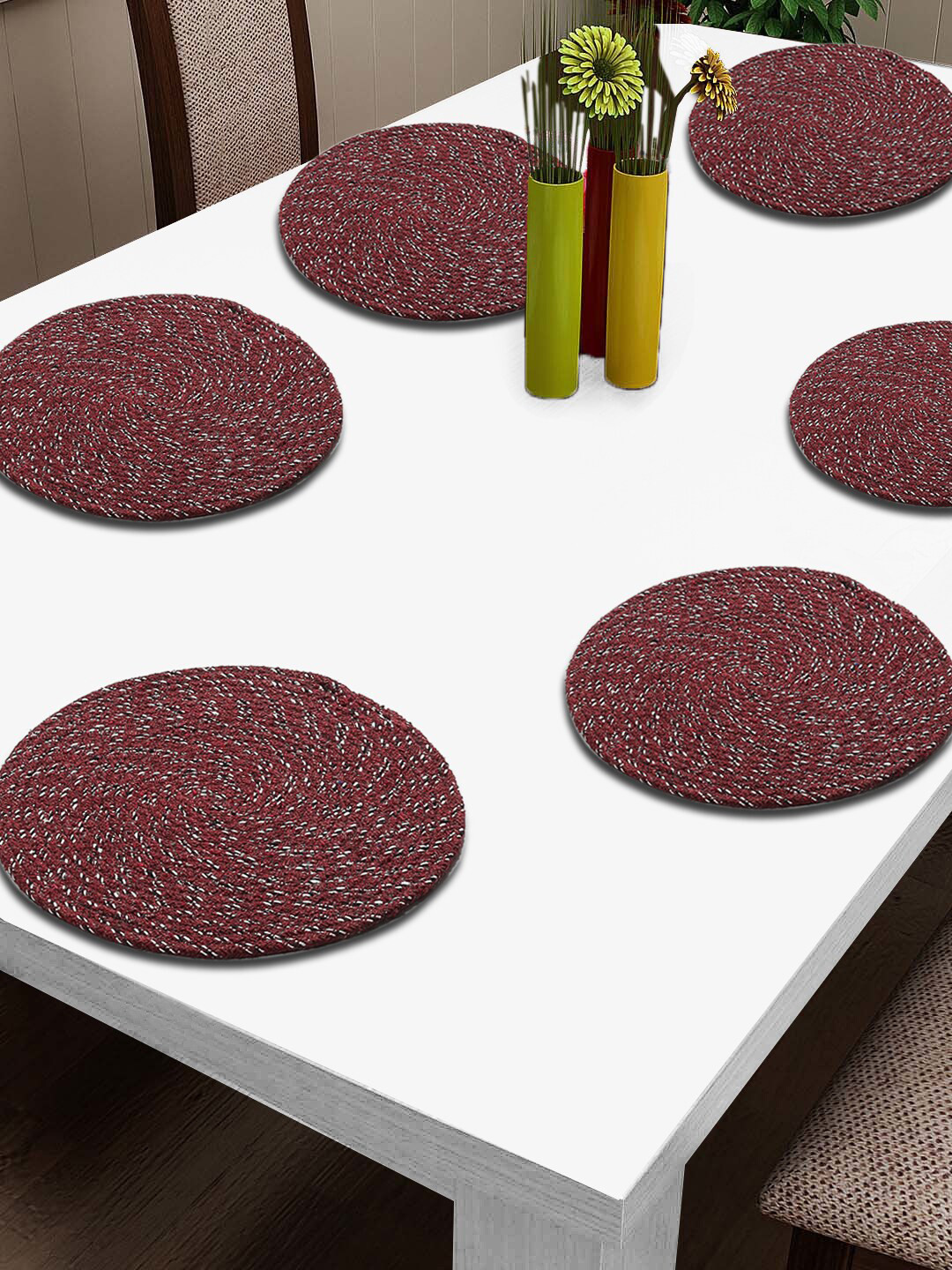 FABINALIV Maroon 6 Pieces Abstract Braided Cotton Table Placemats