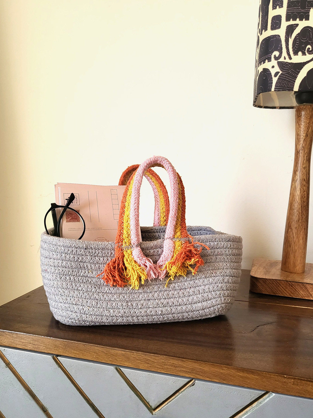 JASMEY HOMES Yellow Grey Knitted Bohho Basket With Colorful Handle