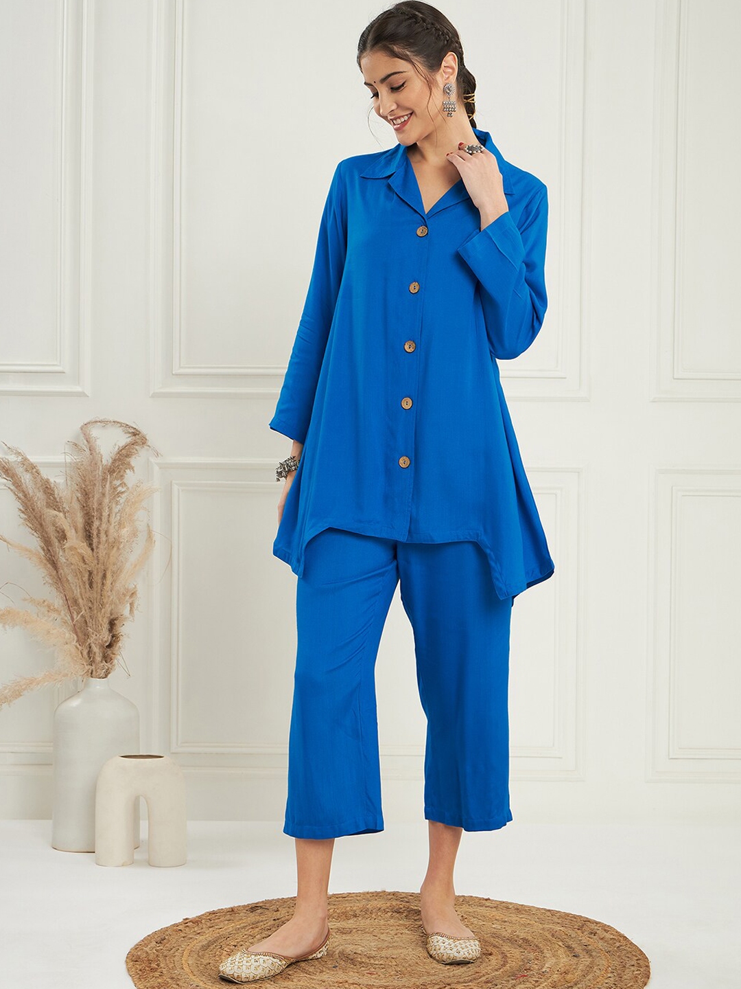 Sangria Notch Lapel Collar Full Sleeve Shirt With Trouser Co Ords Set - Co Ords for Women 24055380 | Myntra