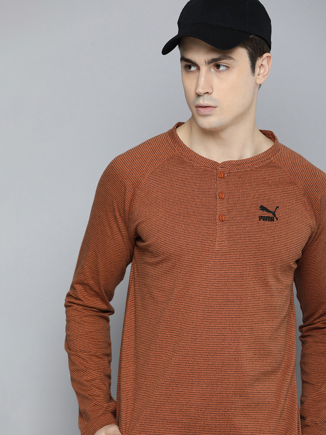 Puma Classics Jacquard LS Striped Henley Neck Pure Cotton T-shirt