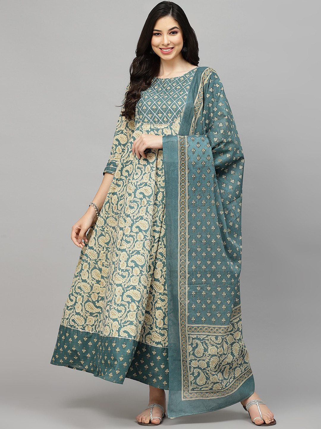 Stylum Teal Paisley Printed Round Neck Gathered A-line Maxi Ethnic Dress With Dupatta