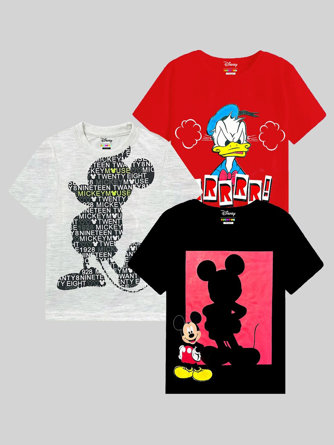 KUCHIPOO Kids Pack Of 3 Mickey & Donald Printed T-shirt