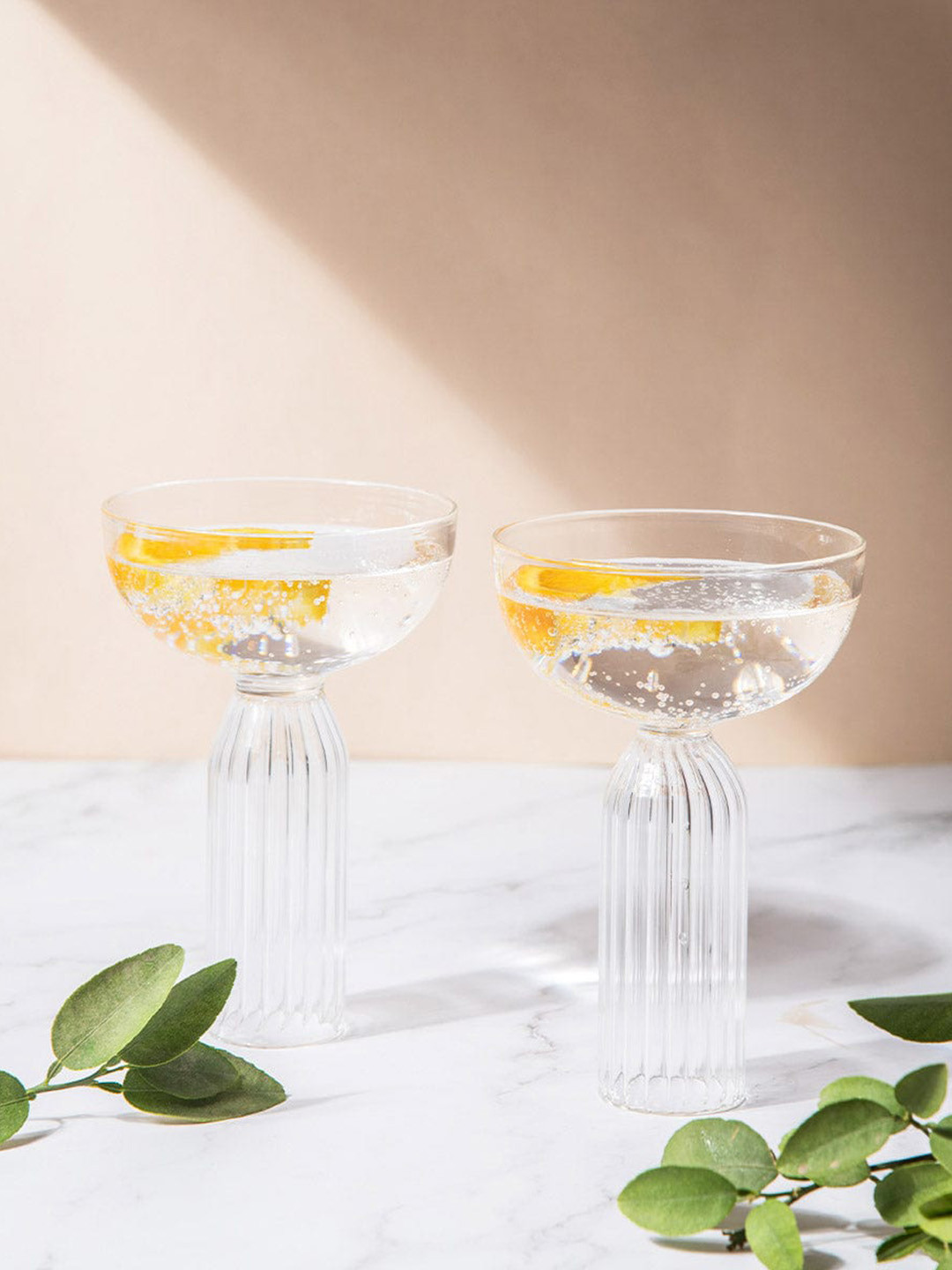 MELBIFY Transparent 2-Pieces Ribbed Stem Cocktail Glass 300ml Each