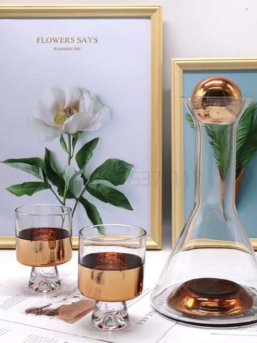 MELBIFY Transparent & Rose Gold Toned 3 Pieces Decanter Set