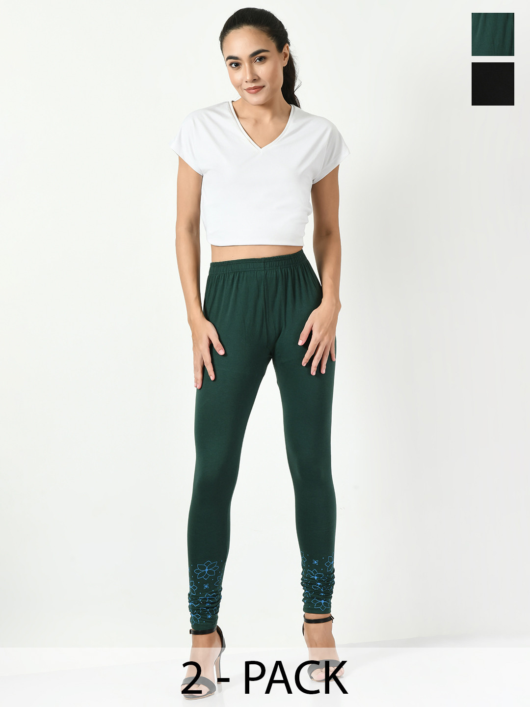 BAESD Pack Of 2 Bottom Printed Slim-Fit Cotton Lycra Churidar Length Leggings