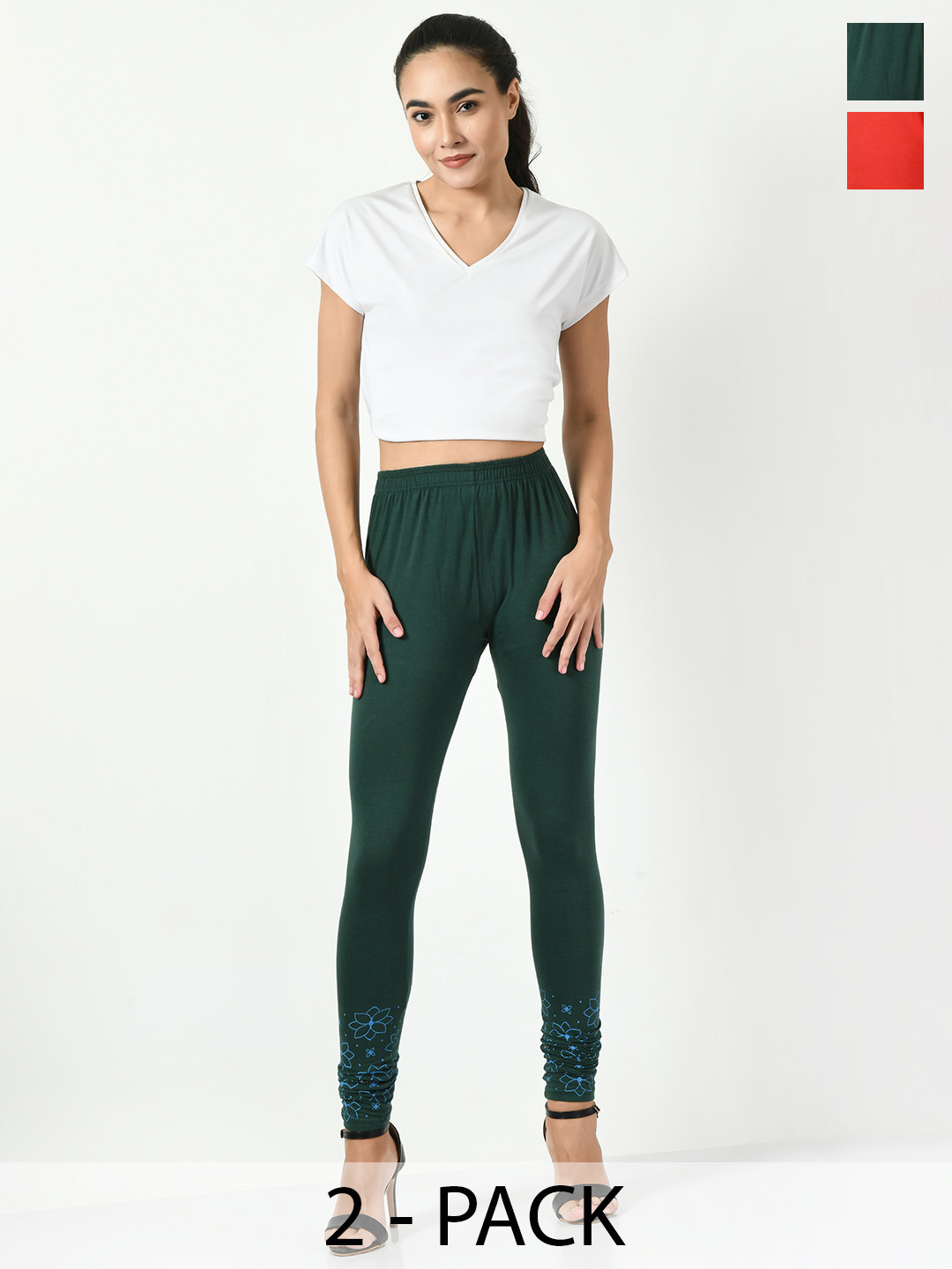 BAESD Pack Of 2 Bottom Printed Slim-Fit Cotton Lycra Churidar Length Leggings