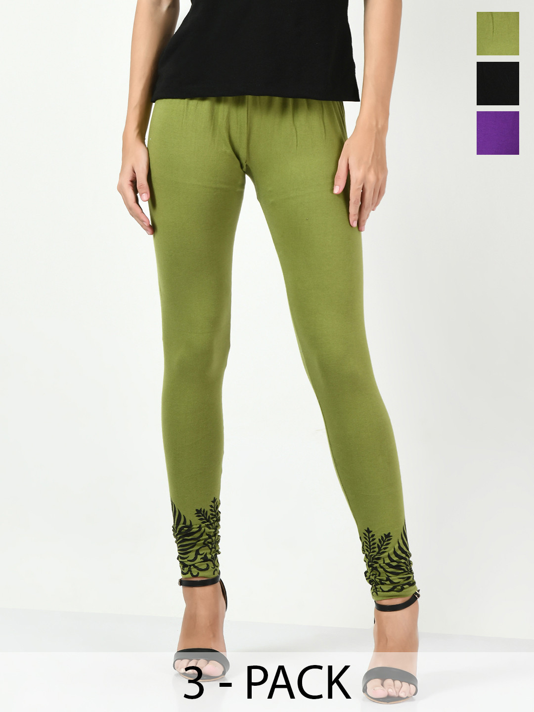 BAESD Pack Of 3 Bottom Printed Churidar Length Leggings