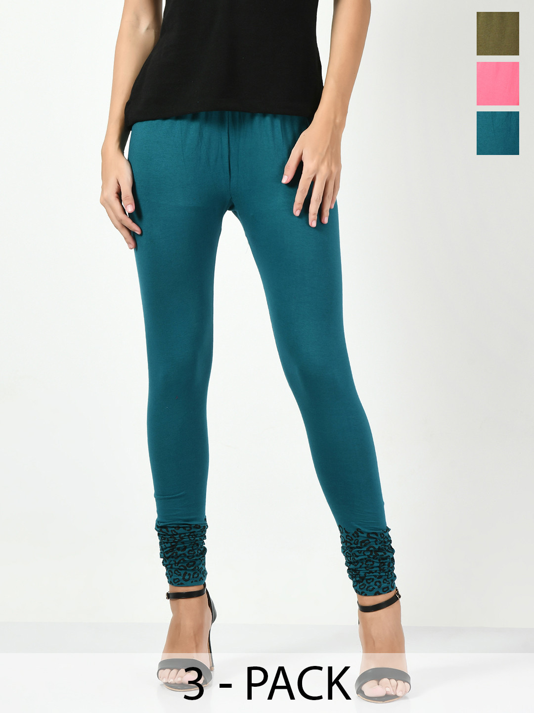 BAESD Pack Of 3 Bottom Printed Slim-Fit Cotton Lycra Churidar Length Leggings