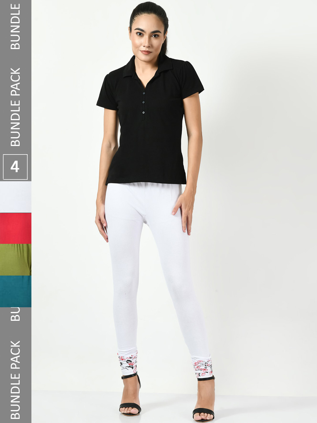 BASED Women Pack Of 4 Printed Slim-Fit Churidar-length Cotton Lycra Leggings