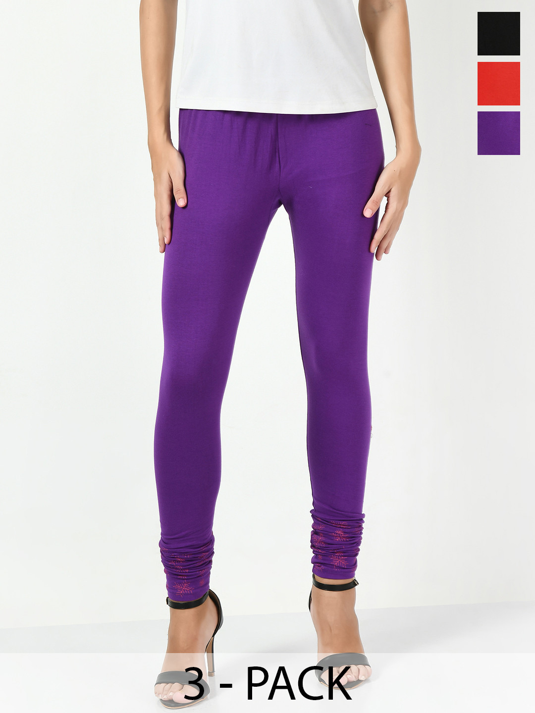 BAESD Women Pack Of 3 Printed Hem Detail Slim-Fit Chiridar-Length Leggings