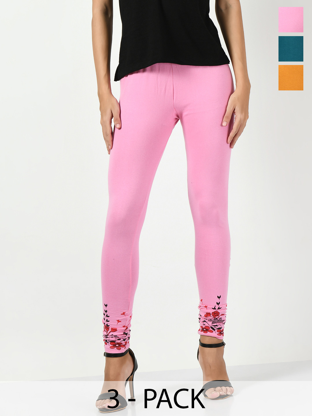 BAESD Pack Of 3 Printed Hem Detail Churidar Length Leggings