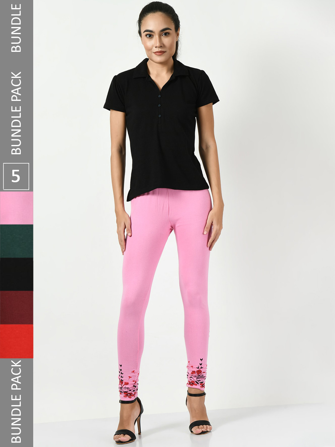 BAESD Pack Of 5 Bottom Printed Slim-Fit Cotton Lycra Churidar Length Leggings