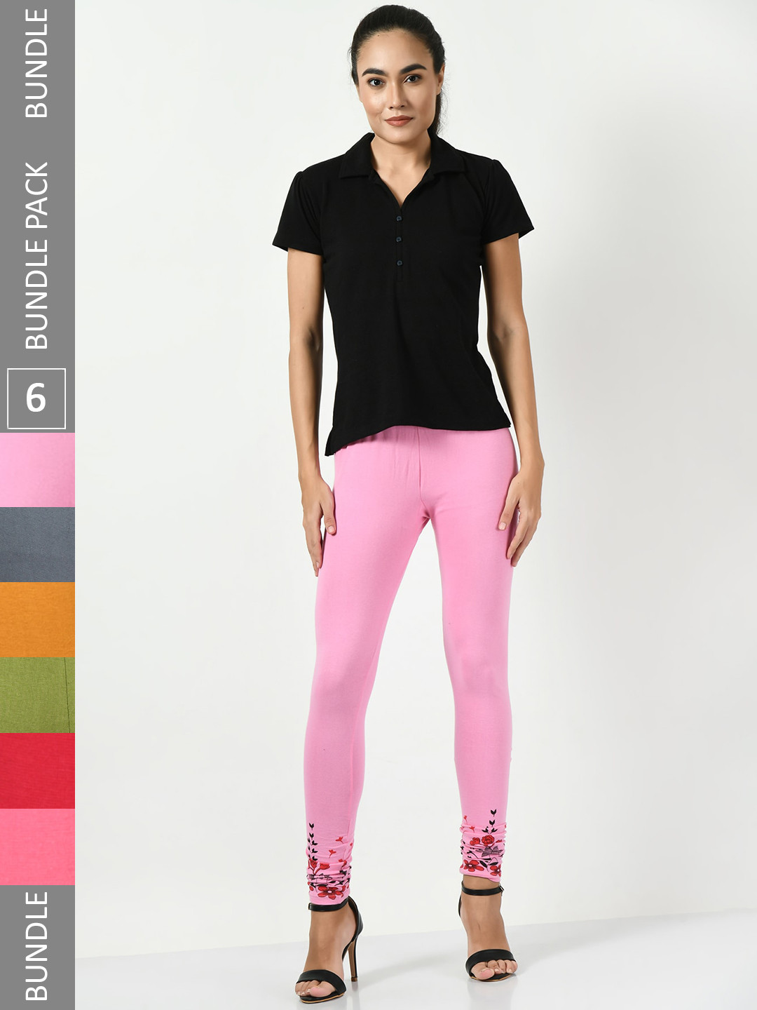 BAESD Pack Of 6 Bottom Printed Slim-Fit Cotton Lycra Churidar Length Leggings