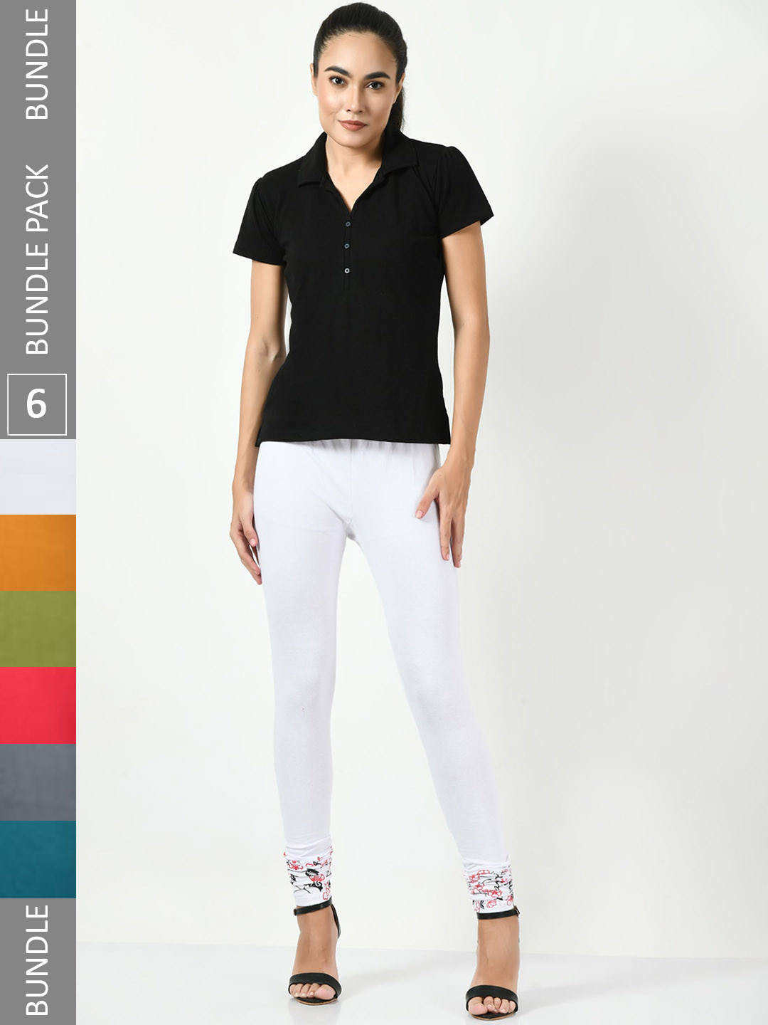 BAESD Pack Of 6 Bottom Printed Slim-Fit Cotton Lycra Churidar Length Leggings