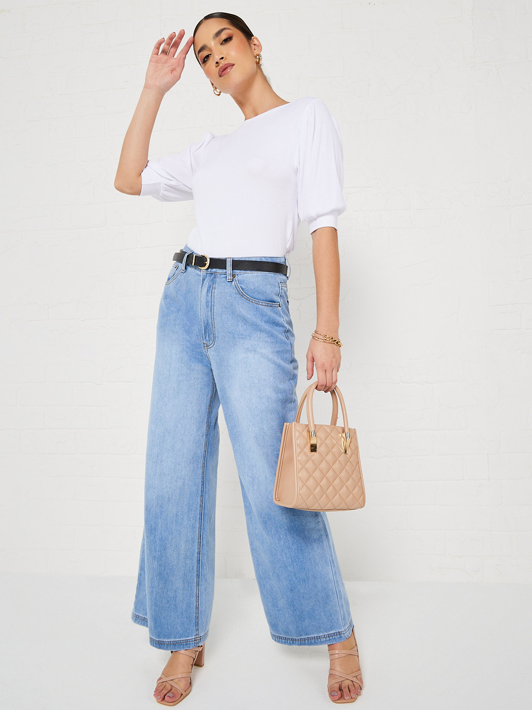 Styli Women White Puff Sleeves Ribbed Top